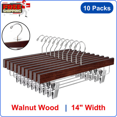 10 Pack Retro Wooden Pants Hangers with 2-Adjustable Clips, Walnut Wood Hangers