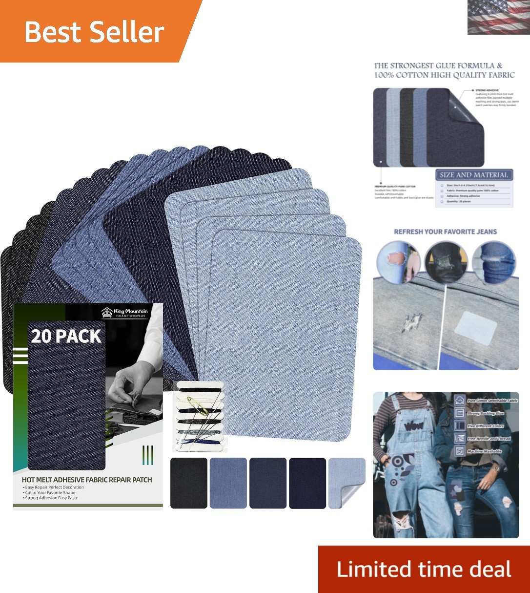 Art Deco Iron-On Denim Patches 20-Piece Set in 5 Colors for DIY Repair