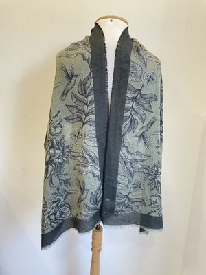 AS7#Laura Biagiotti Floral Print Scarf Shawl Green Black Lightweight Luxury Wrap