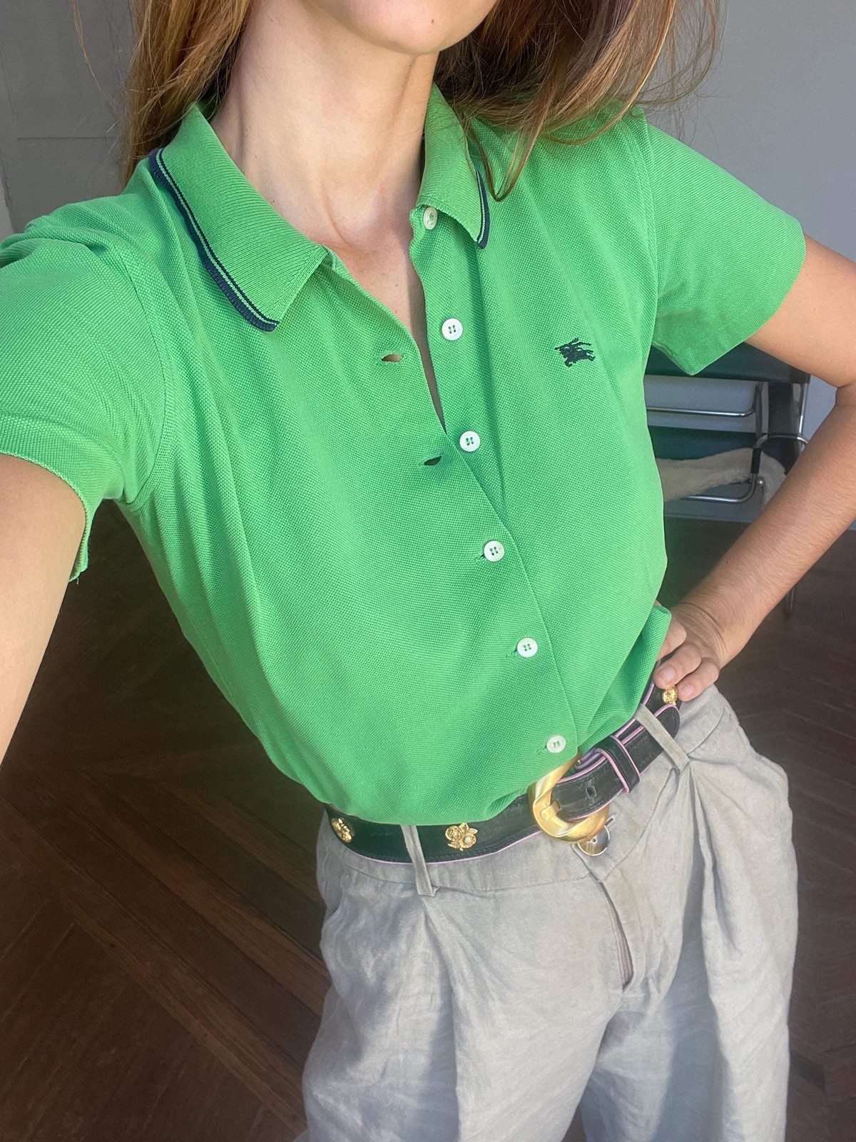 Vintage Burberrys green short sleeve polo woman button up blouse – size S / EU 3