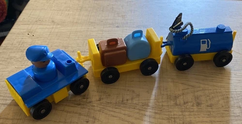 Fisher Price Little People Vintage airport shuttle tram set suitcase blue yellow