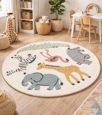 Handcrafted Round Animal Rug Kids Nursery Playroom Zebra Elephant 3ft 4ft 5ft
