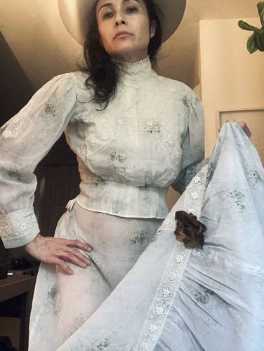 Antique 1800s Edwardian tea dress set floral blue green top skirt cottage sz 0/2