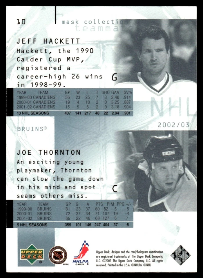 2002-03 Upper Deck Mask Collection Joe Thornton/Jeff Hackett Boston Bruins #10 - Image 2 of 2