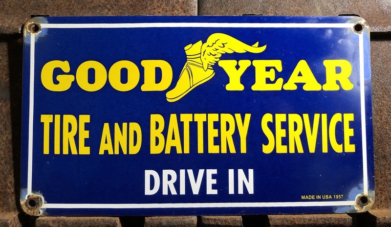 VINTAGE 1957 DATED GOOD YEAR TIRE BATTERY 12” PORCELAIN DRIVE IN GAS OIL SIGN