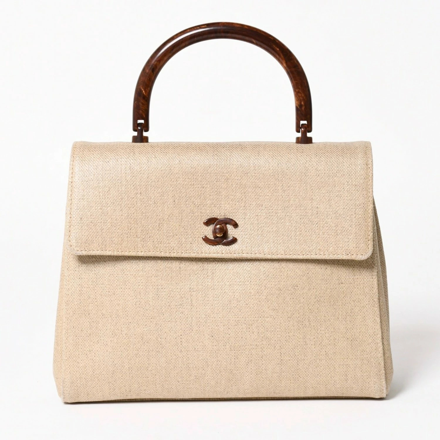 Chanel Kelly Flap Handbag No 6 Coco Canvas Wood Handle Brown r0_0712