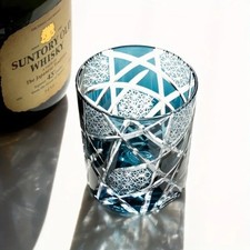 Whiskey Glass Japanese Style Edo Kiriko Glass Hand Cut To Clear 8.5 oz Blue