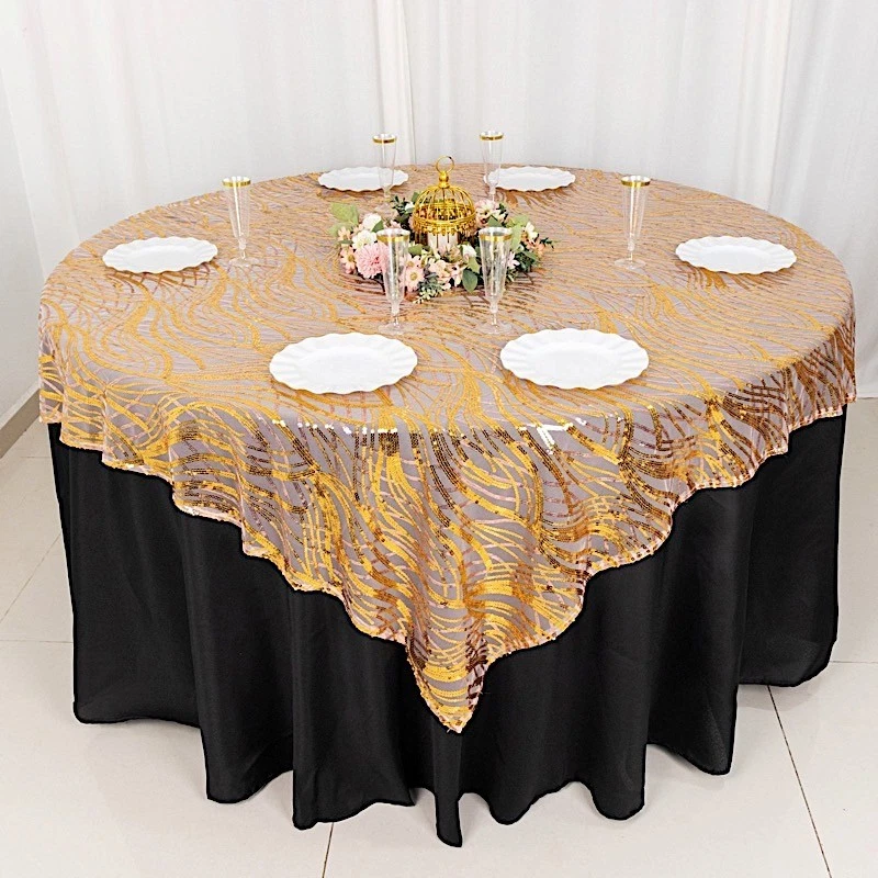 72" x 72" ROSE GOLD Tulle Square Table Overlay Wavy Embroidered Sequins Party - Image 3 of 4