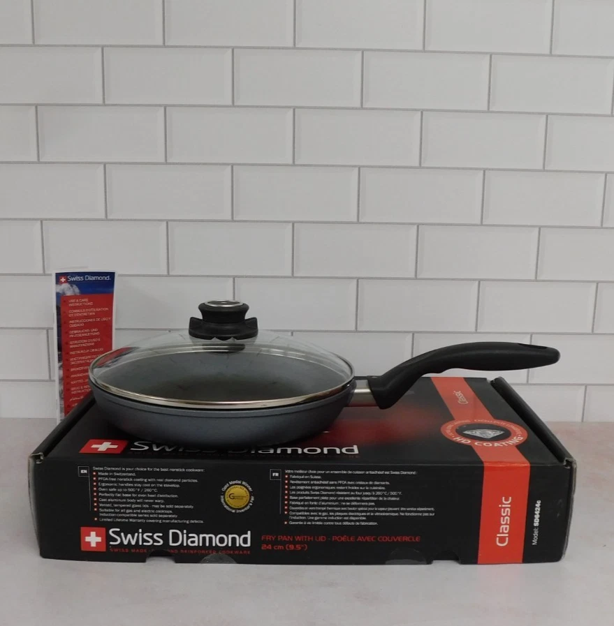 Swiss Diamond Classic Nonstick Fry Pan with Glass Lid, 9.5 Inch - NEW