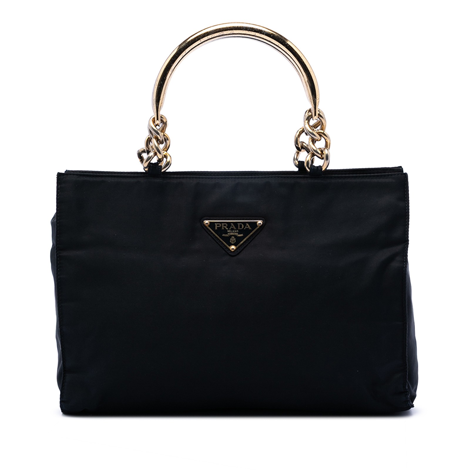 Authenticated Prada Tessuto Metal Handle Bag Black Nylon Fabric Handbag