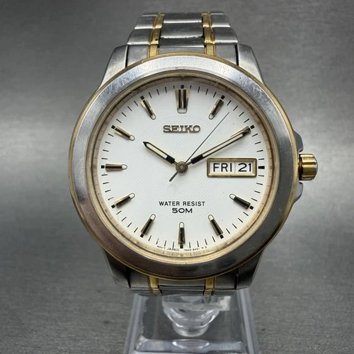 Seiko Watch Men 38mm White Dial Two Tone Daydate Round 7n43-8309 New Battery