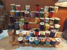 Vintage Wooden Thread Holder Folding Wall Hanging With Spools Holds 60 W/Thread