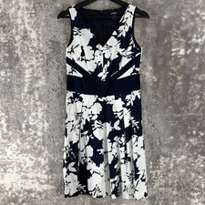 Chaps Size 4 Dark Floral Tropical Mini Fit Flare Dress Navy White Sleeveless Zip