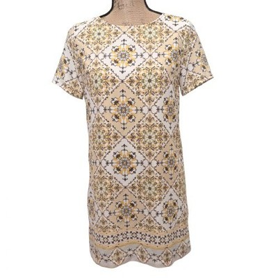 Lulu's Dandy Lion Mini Shift Dress Yellow Beige Tile Print Euro Summer Size XS