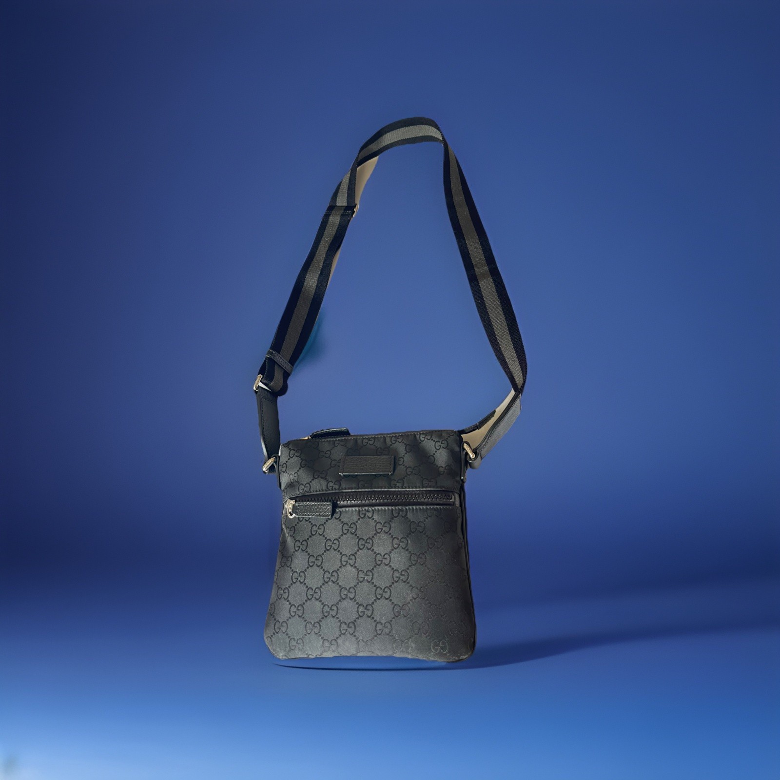 Gucci Black GG Monogram Small Crossbody Bag Zip Closure Adjustable Strap