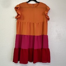 SHEIN Tiered Orange Pink Red Lightweight Dress Sz L EUC