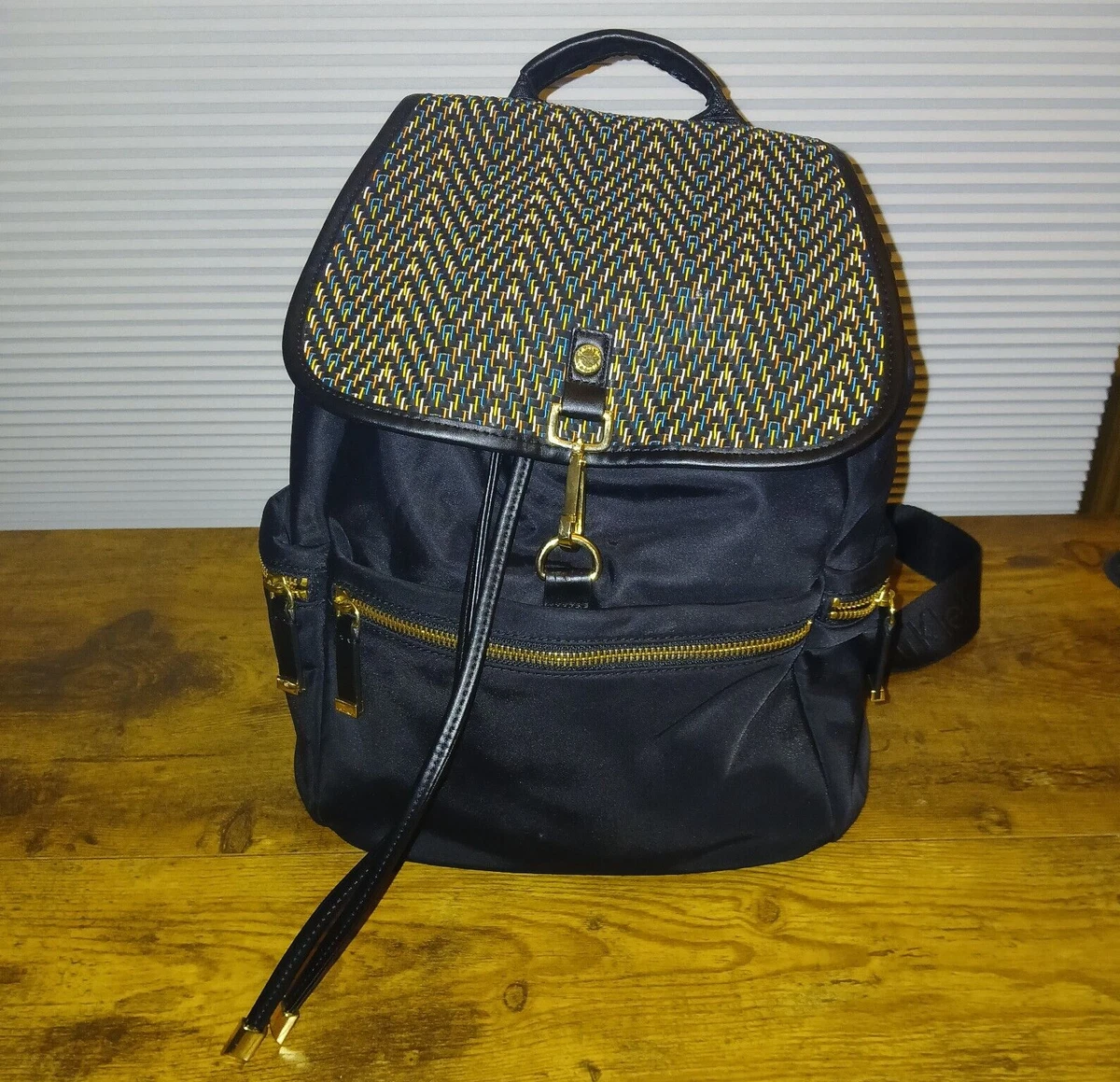 Calvin Klein Florence Black Nylon Backpack Batik Flap Goldtone Accents $178 EUC Calvin Klein - Brandclub - Calvin Klein Reyna Signature Key  main image 3