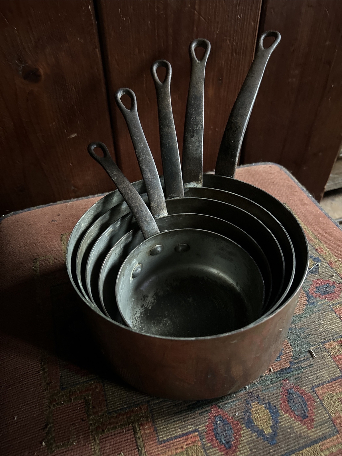 SERIE DE 5 ANCIENNES CASSEROLES CUIVRE MADE IN FRANCE VILLEDIEULES