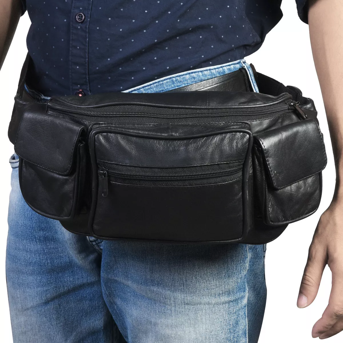 Women leather Fanny Pack, Black, Large