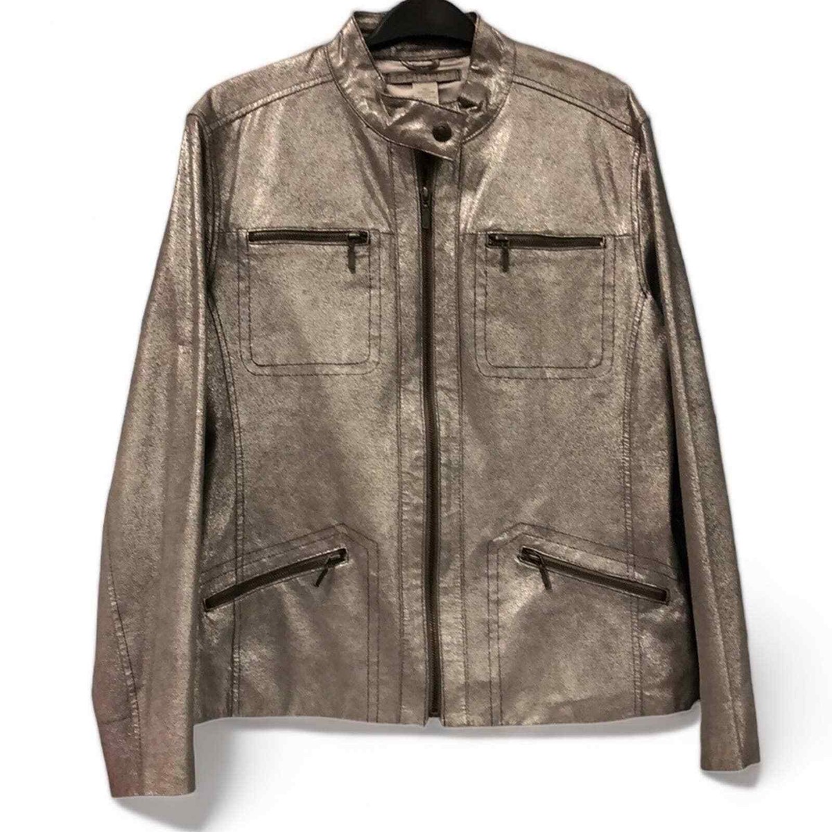 CHICO'S LEATHER MOTO JACKET SILVER METALLIC FINISH CHICO'S SIZE 2