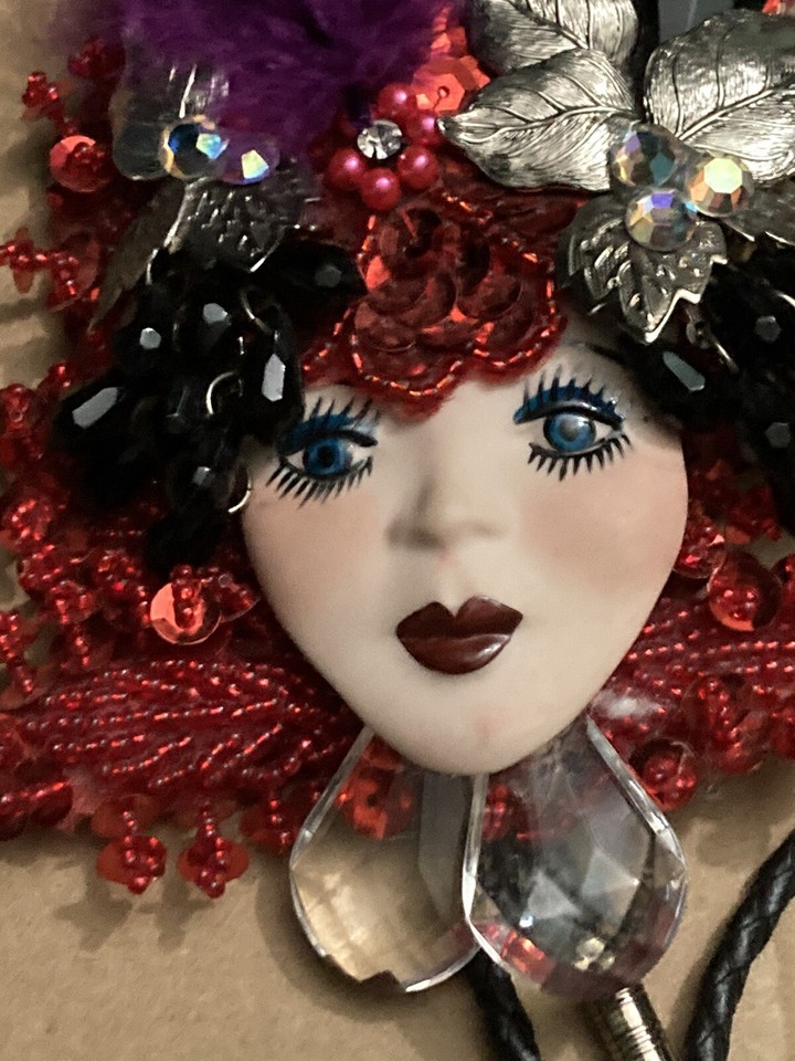 Vintage Clay Art Mask Wall Lady Face Bolo Tie or Wall Hanging