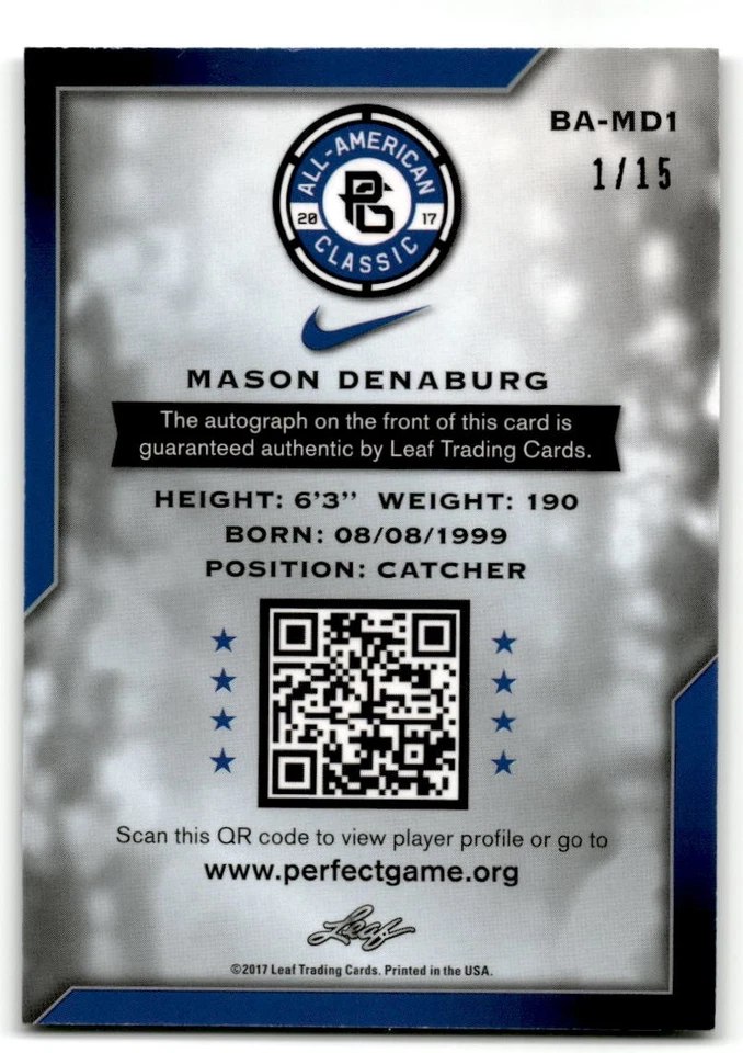 2017 Leaf Metal Perfect Game #BA-MD1 Mason Denaburg Auto Prismatic Black #/15 - Image 2 of 2