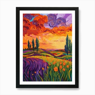 Sonnenuntergang über Lavendelfeldern Kunst Pri gerahmtes Wandbild Poster Leinwanddruck Bild