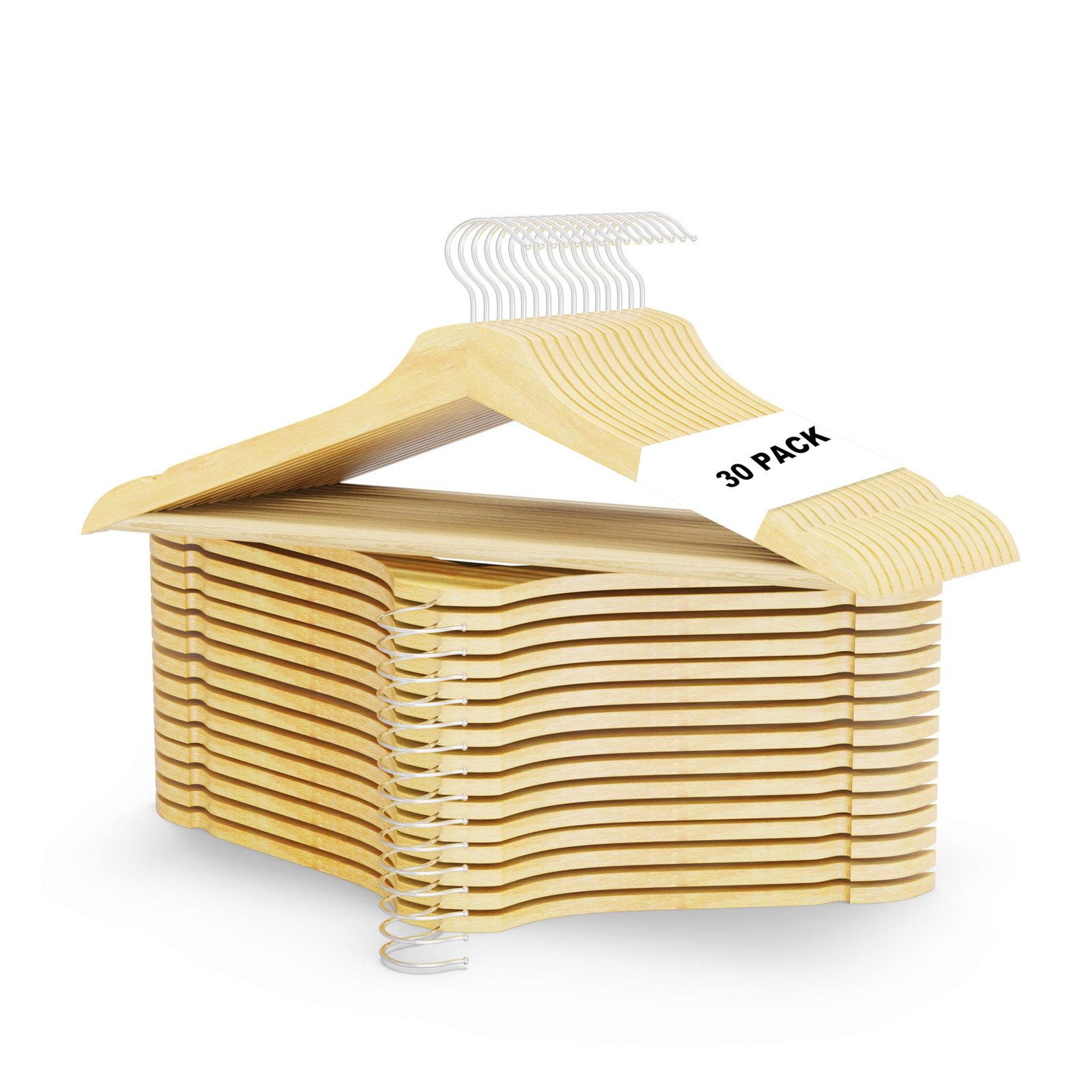 30 Solid Wood Coat Hangers with Non-Slip Pant Bar - 30 Pack