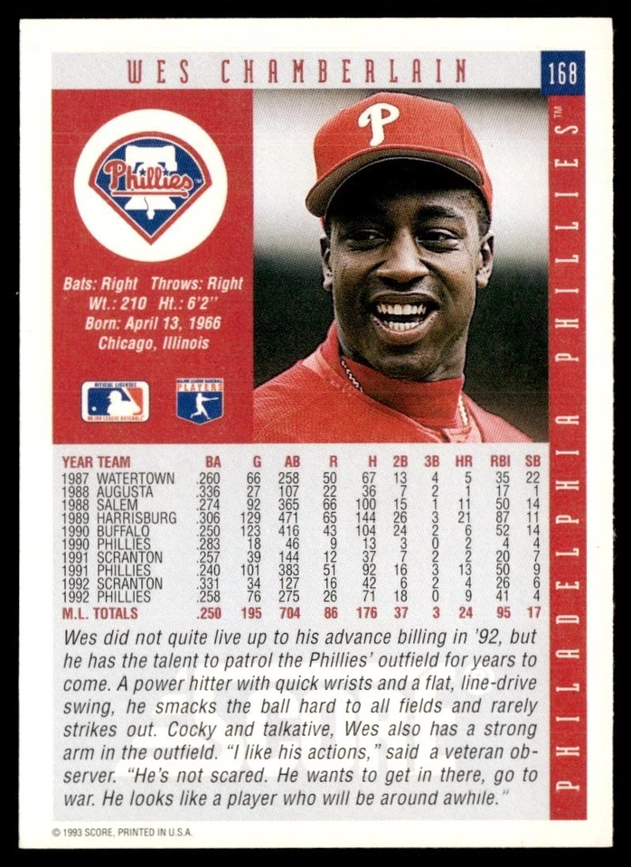 1993 Score Wes Chamberlain Philadelphia Phillies #168 - Image 2 of 2