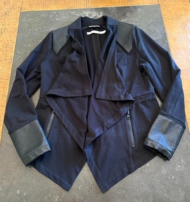 BLANC NOIR Drape Collar Open Front Jacket Faux Leather Sheer Inserts Black Sz L