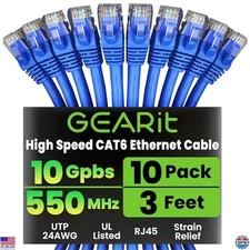 10-Pack GearIT Cat 6 Ethernet Cable 3ft RJ45 Patch Cables 10Gbps Snagless Blue