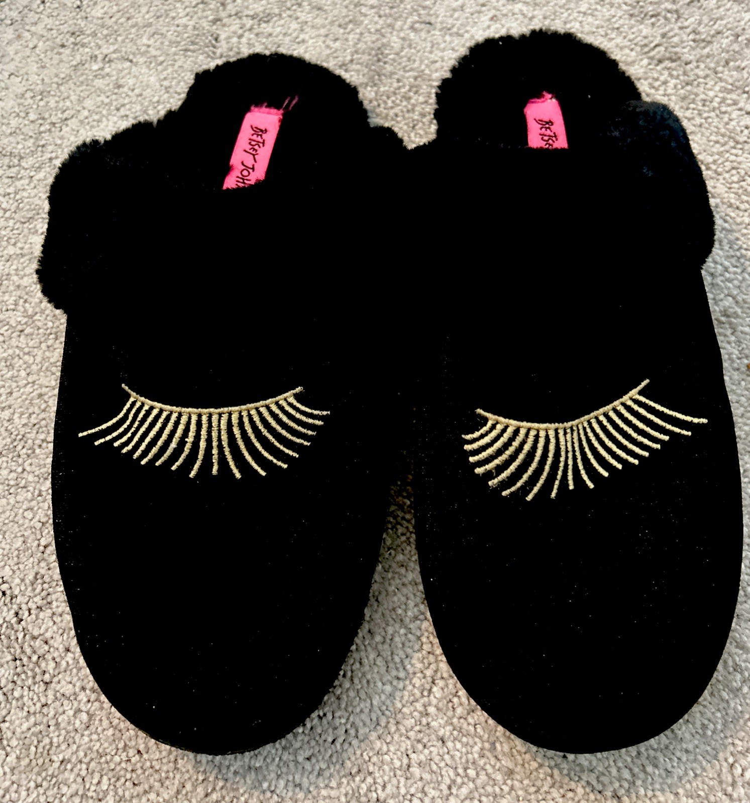 PANTOFOLA D’ORO Betsy Johnson Ciabatta Pantofola in Velluto Nero Ciglia 7 7 5 Accogliente Suola in Gomma Imbottita