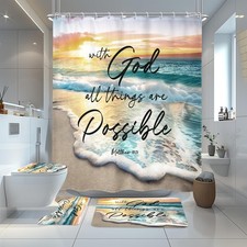 4PCS Beach Bible Verse Shower Curtain Set Ocean Bathroom Set with Rugs