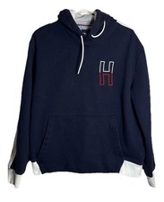 Tommy Hilfiger Navy Hoodie Men  s L Pullover H Logo Blue White Trim Sweatshirt
