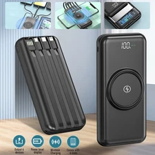 40000mAh Wireless Power Bank Fast Charger Portable External Battery W/ 4 Cables