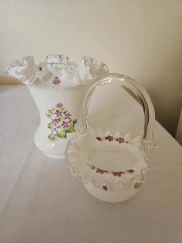 2 Vtg. Pieces Fenton Milk Glass Basket & Vase Hand Painted Violets Purple Flower