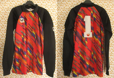 Maillot Uhlsport rouge noir bleu Gardien But Goal Vintage Jersey #1 Porté - L - Photo 1/4