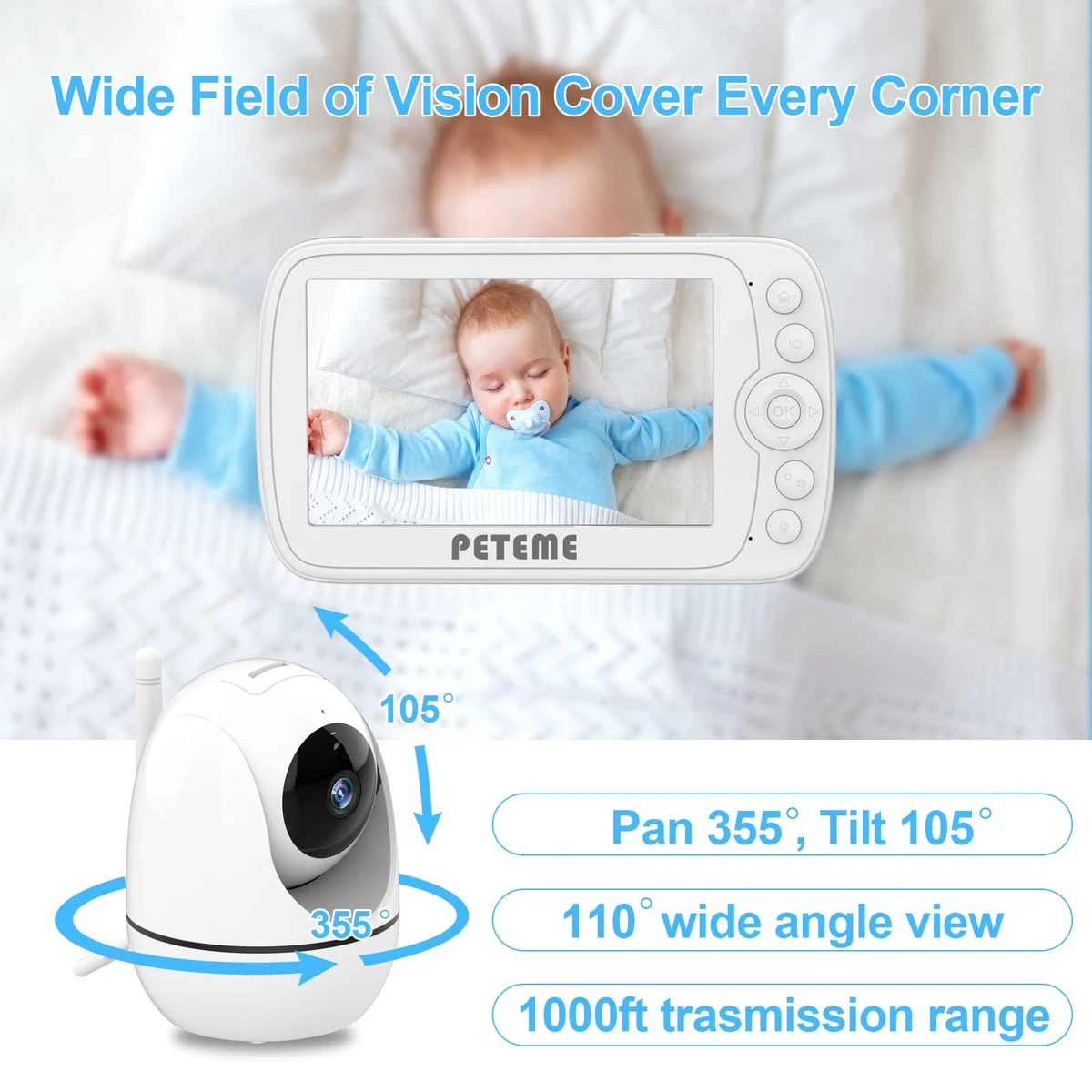 PETEME Video Baby Monitor 1080P Zoom Camera and Audio with 2 Way
