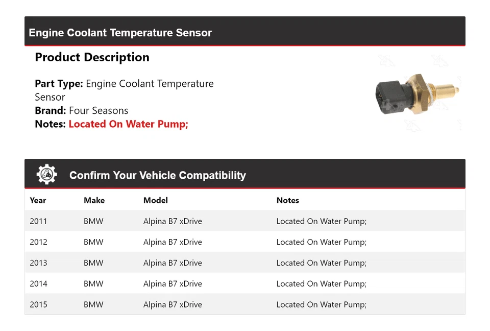 Sensor de temperatura refrigerante motor BMW Alpina B7 xDrive 2011-2015 4 estaciones Foto 2 de 4