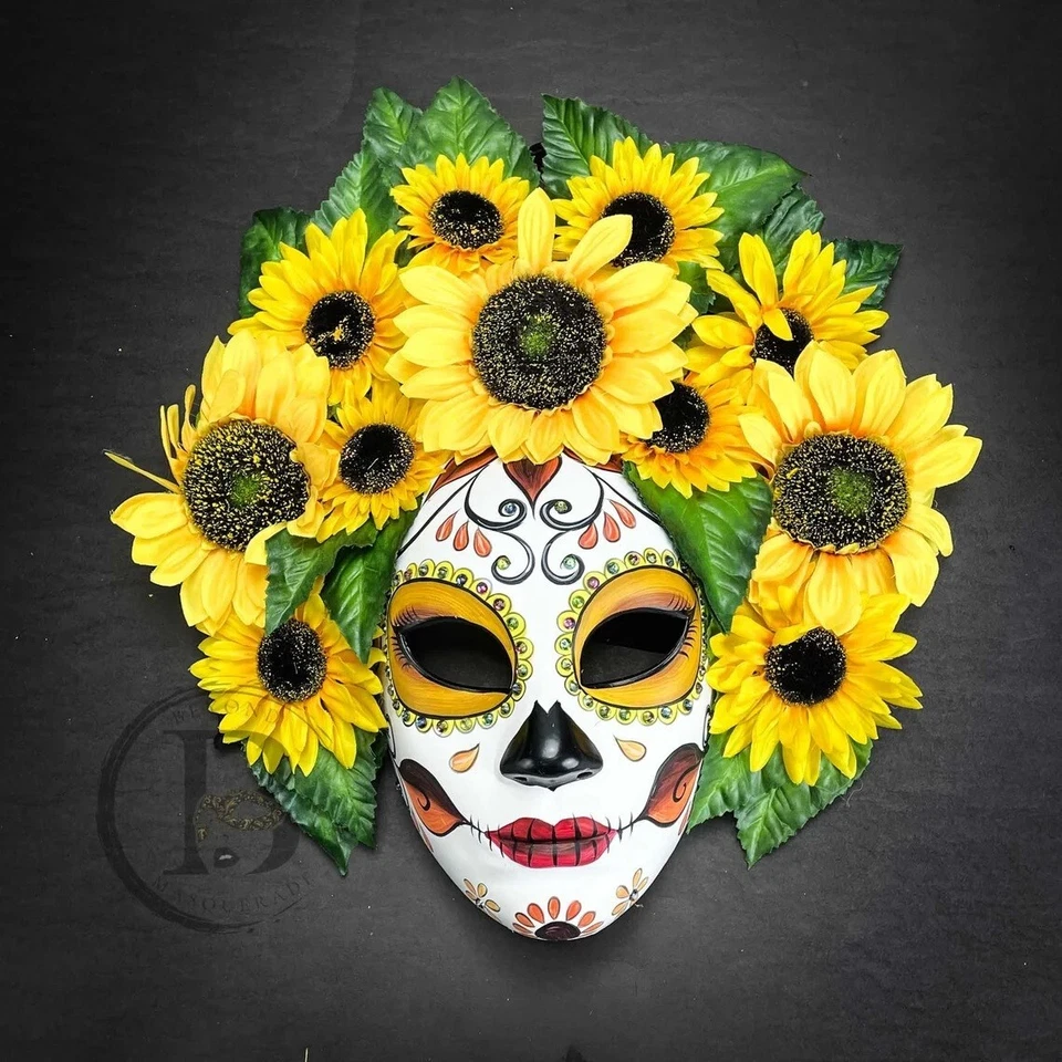 Day of the Dead Dia de los Muertos Full Face Masquerade Mask with Sunflowers - Image 2 of 2