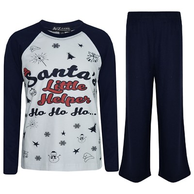 Kinder Jungen Mädchen Schlafanzug marineblau Weihnachtsmann kleiner Helfer stilvoll Kontrast Pyjama Set 5-13