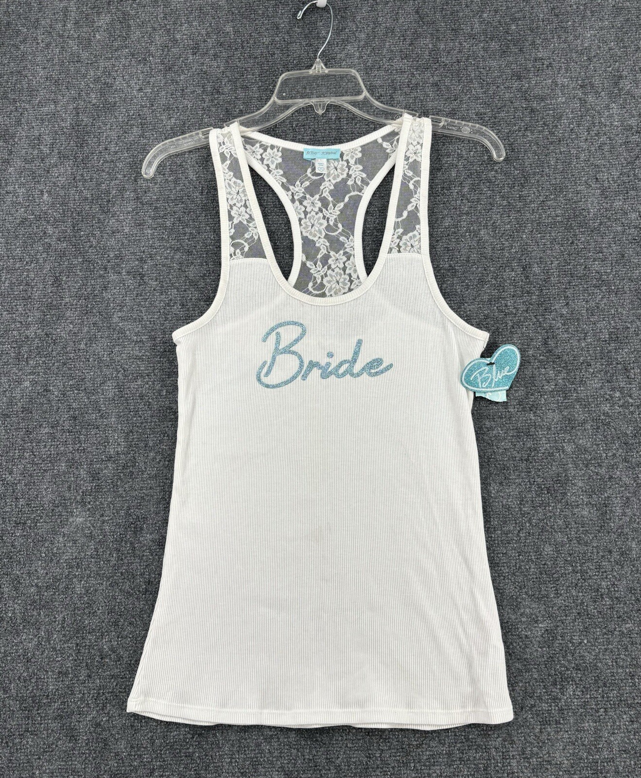 Betsy Johnson White M “BRIDE” Lace Racerback Ribbed Knit Tank Top Glitter NWT