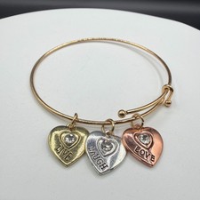 Gold Tone Live Laugh Love Heart Charm Rhinestone Hook Bangle Bracelet Jewelry