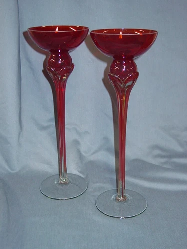 Vintage Hand Blown Venetian Ruby Murano Glass Tall Candle Stick Holders Pair