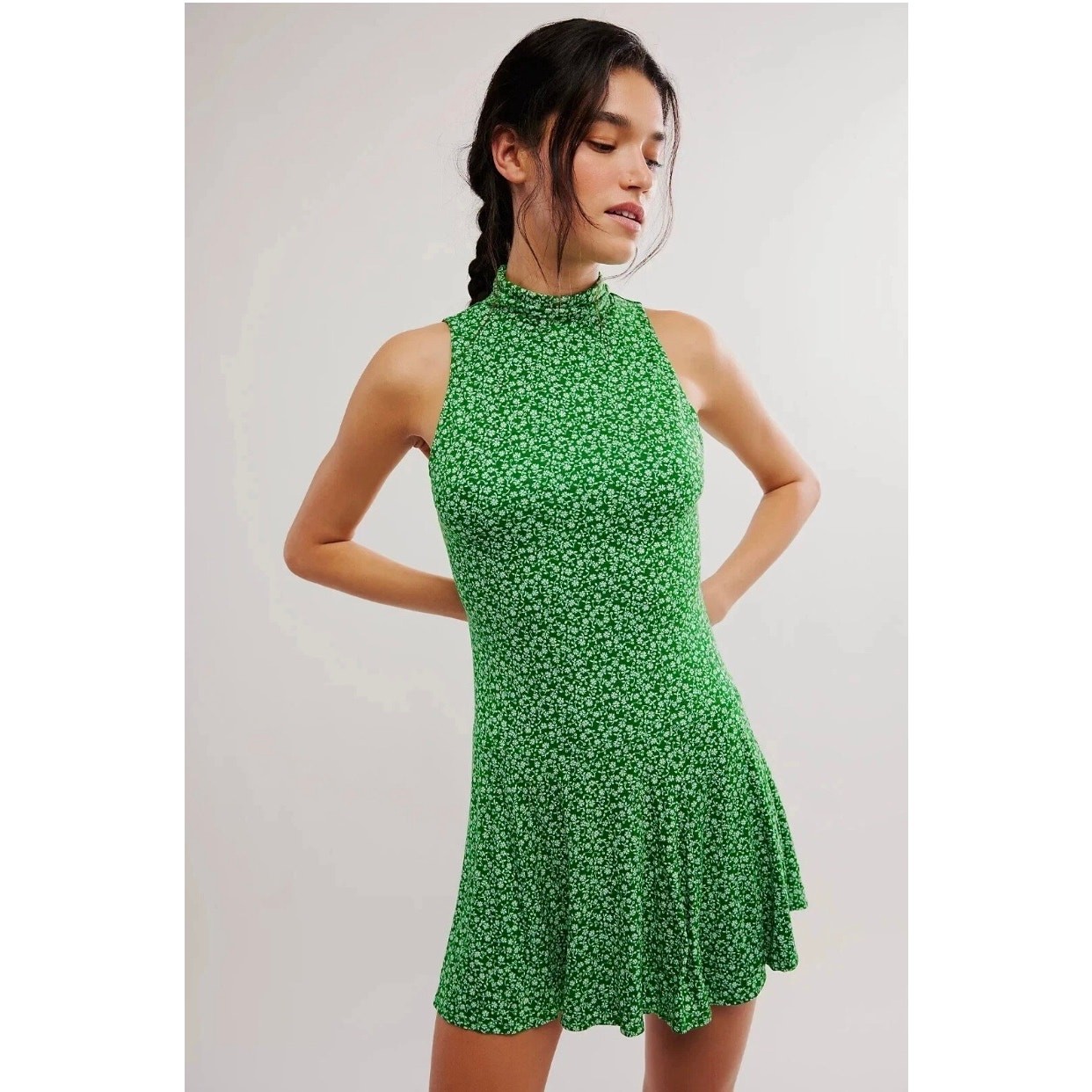NWT Free People Green Floral Mini Dress Halter High Neck Women's size Medium