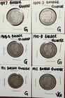 Lot of (6) Barber Quarters. Mixed Dates.