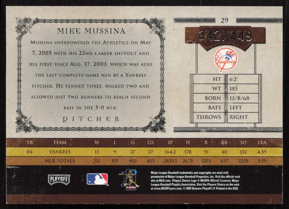 Mike Mussina 2005 Playoff Prime Cuts #29 #/449 - New York Yankees - Image 2 of 2