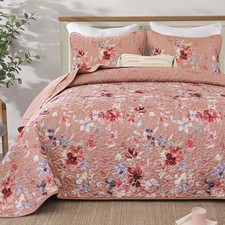 Dobuyly Pink Floral Quilt Set Queen Size, Botanical Flowers Bedspreads Coverl...