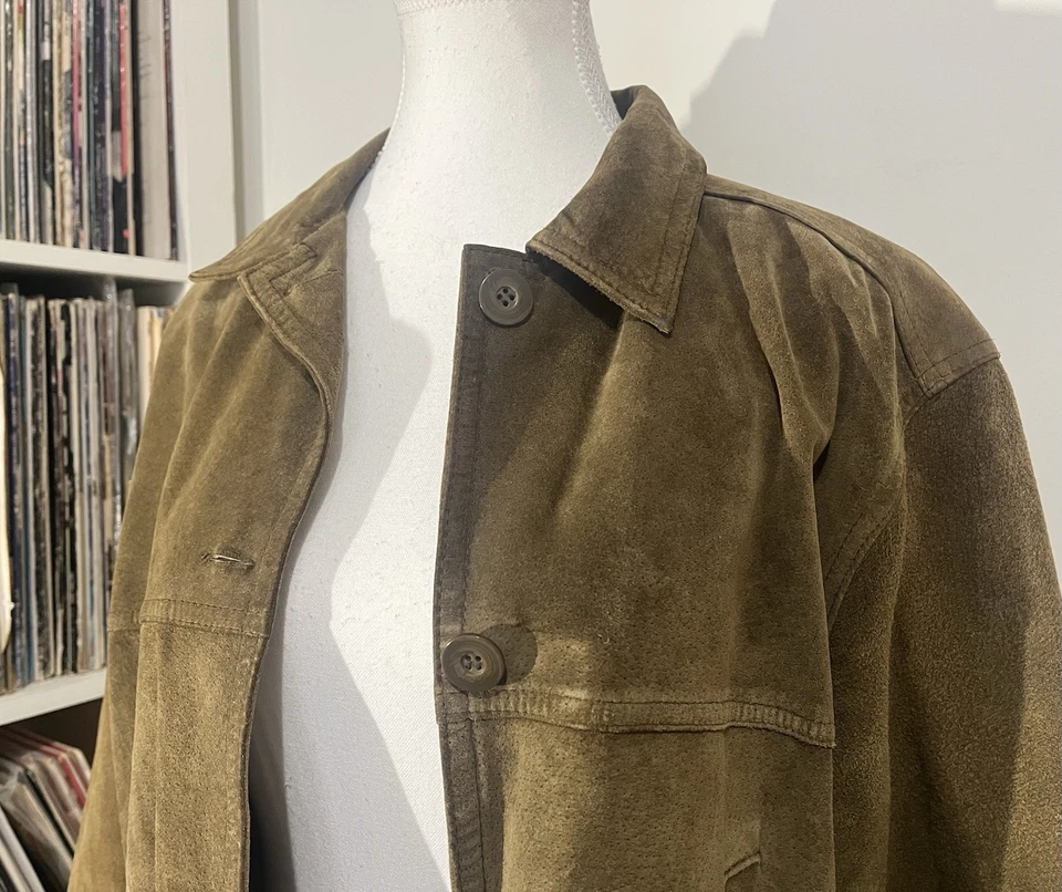 De Colección 90’s Jones New York Verde Oliva Gamuza Cuero Trench Coat Chaqueta Mujer’s S Foto 4 de 4