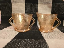 Vintage Depression Glass Floragold Louisa Jeannette Glass Creamer & Sugar Bowl